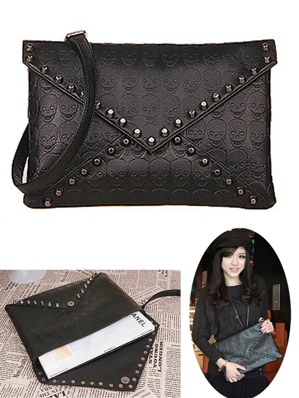 Pu leather skull rivet envelope crossbody shoulder bag