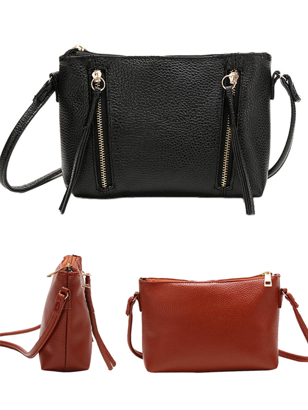 Pu leather double zipper single strap messenger shoulder bag