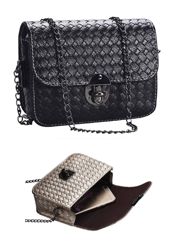 Pu leather woven pattern chain strap shoulder bag