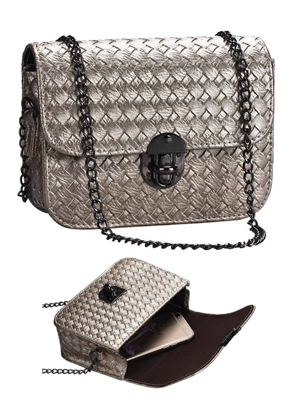 Pu leather woven pattern chain strap shoulder bag