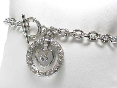 Crystal stud round and heart charm toggle bracelet