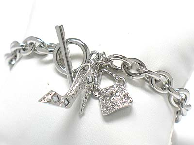 Crystal stud high heel and bag charm toggle bracelet