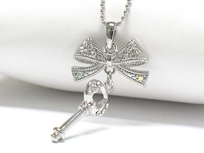 Crystal stud ribbon and key pendant necklace