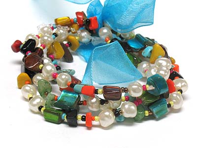 Fresh water pearl and shell beads ribbon tied stretch bracelet