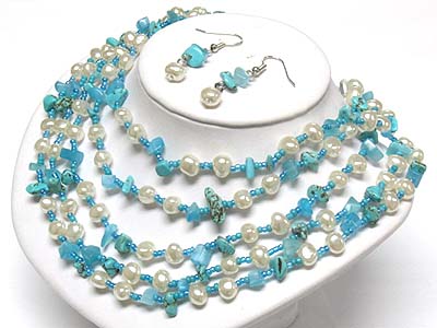 Fresh water pearl and shell beads multi strand necklace and earring set