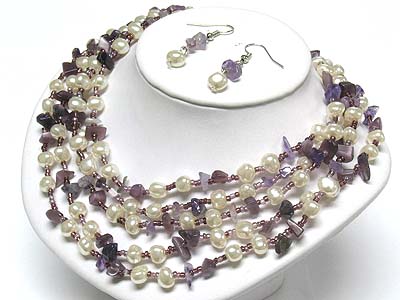 Fresh water pearl and shell beads multi strand necklace and earring set