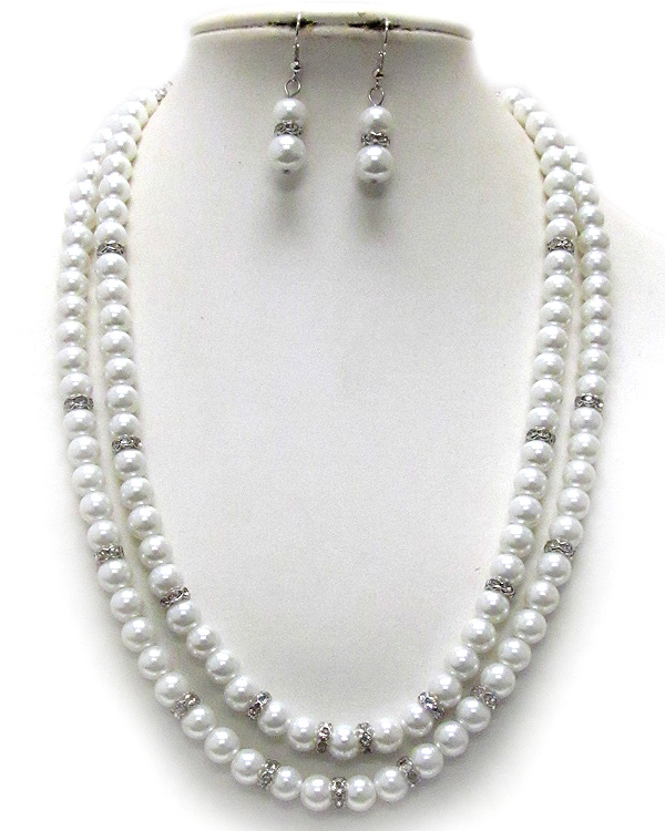 Crystal rondelle and pearl double chain necklace earring set