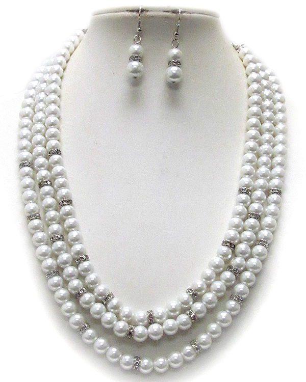 Crystal rondelle and pearl triple chain necklace earring set