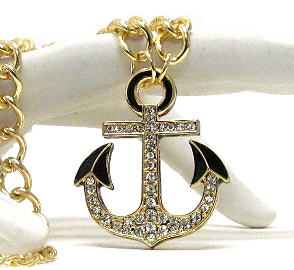 Nautical theme crystal and epoxy deco anchor pendant necklace