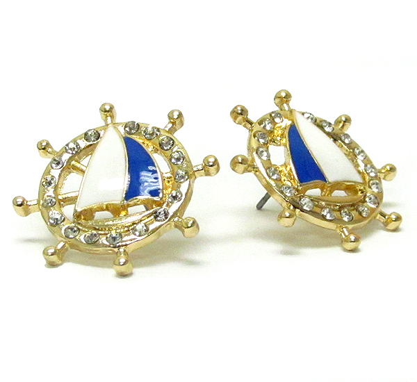 Nautical theme crystal and epoxy deco yacht and wheel earring