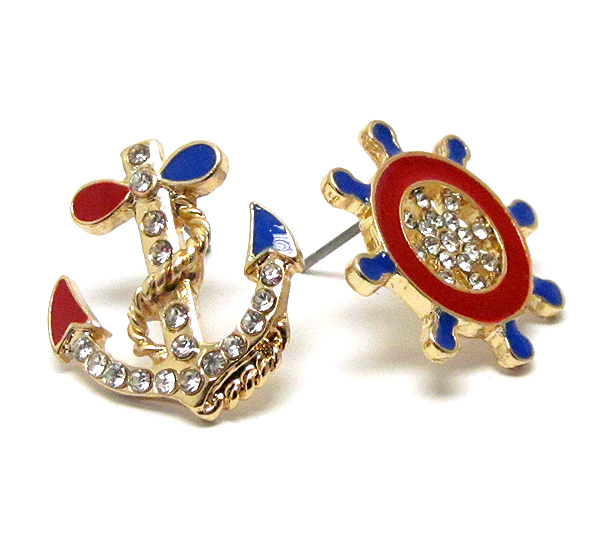 Nautical theme crystal and epoxy deco anchor and wheel earring