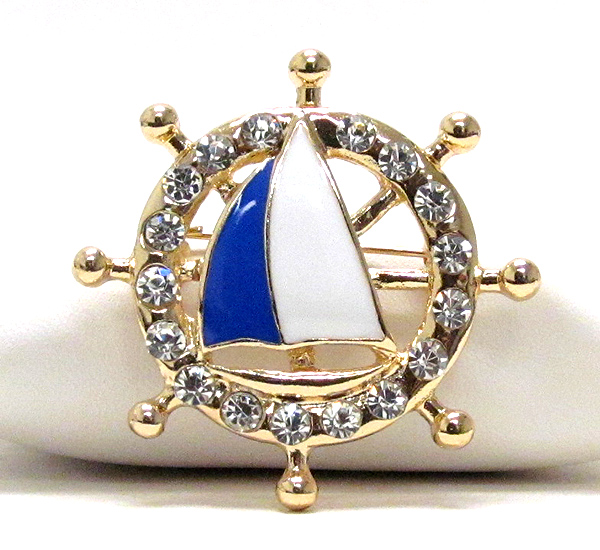 Nautical theme crystal and epoxy deco yacht and wheel brooch or pin