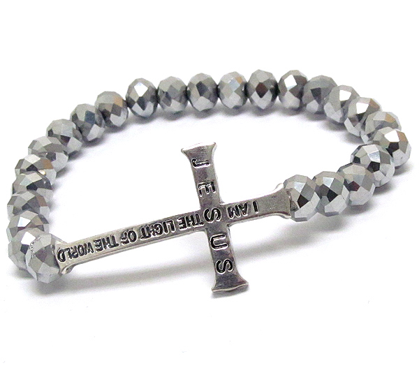 Message side cross and glass bead stretch bracelet