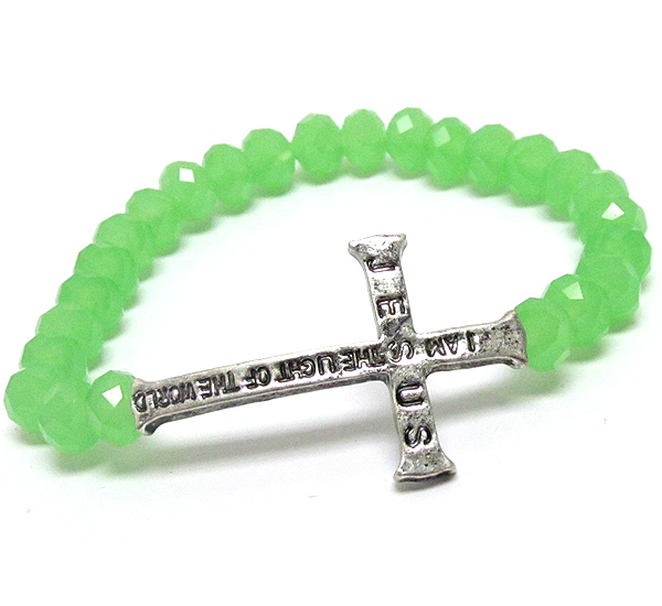 Message side cross and glass bead stretch bracelet