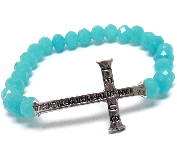 Message side cross and glass bead stretch bracelet