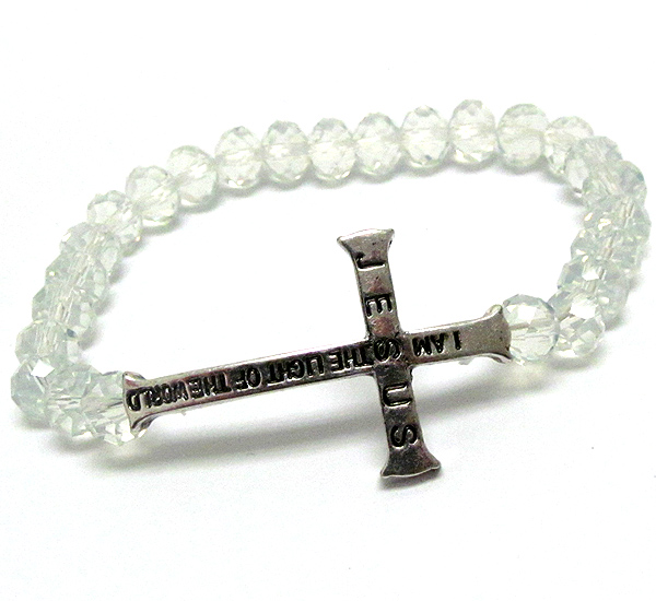 Message side cross and glass bead stretch bracelet