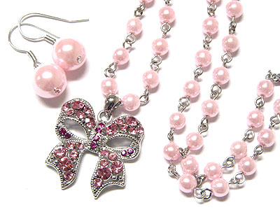 Crystal ribbon and pearl beads string necklace and earring set