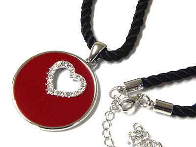 Epoxy round disk and crystal heart braided cord necklace