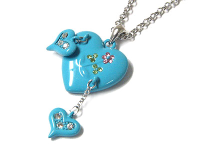 Crystal flower deco heart and dangling necklace