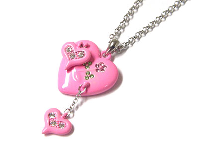 Crystal flower deco heart and dangling necklace