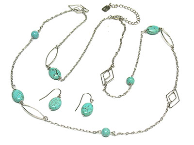 Round turquoise stone link long necklace and earring set