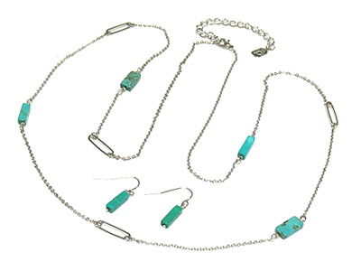 Stick shape turquoise stone link long necklace and earring set