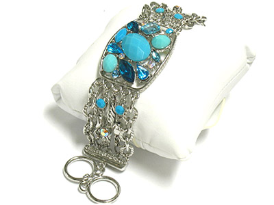 Crystal and acrylic and glass bead deco metal toggle bracelet