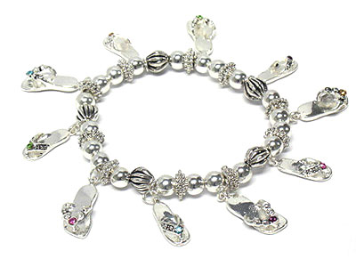 Multi crystal crystal accent flip flop charm stretch metal bracelet -lead free