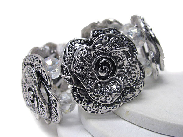 Metal art flower and glass ball link double stretch bracelet