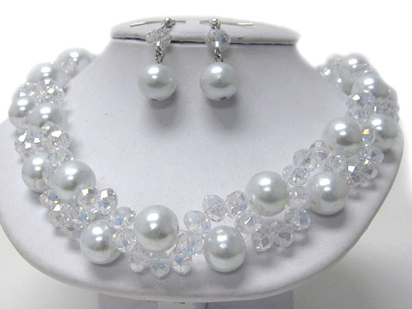 Multi pearl and glass bead double chain link necklace earring set