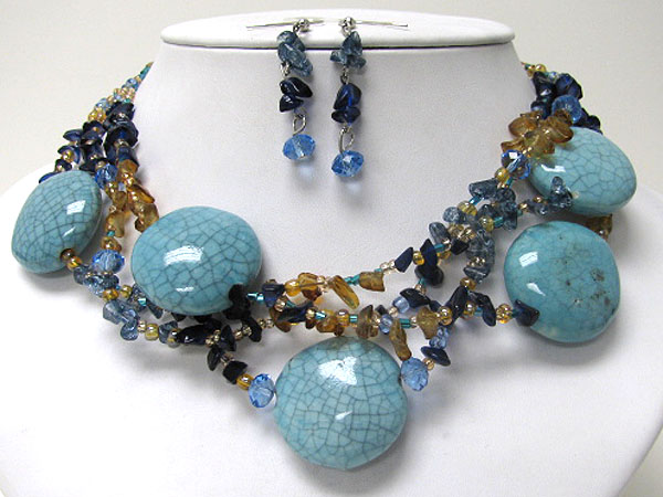 Large figurine and colored stone bead chain necklace earring set