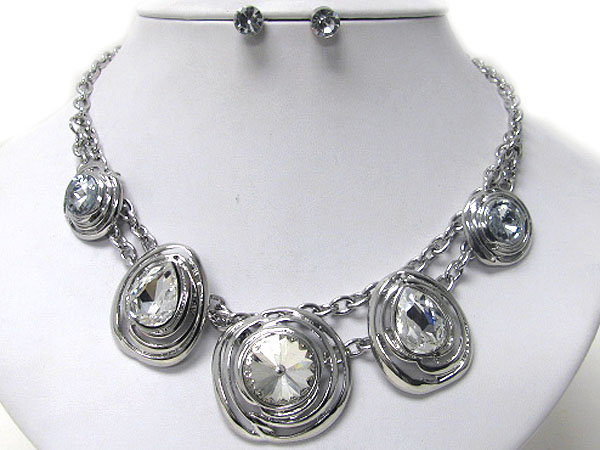 Large glass center metal art link necklace earring set