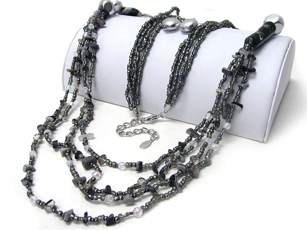 Multi layer chip stone bead long necklace earring set