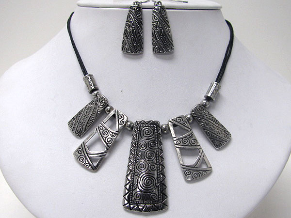 Tribal look metal art bar drop cord necklace earring set