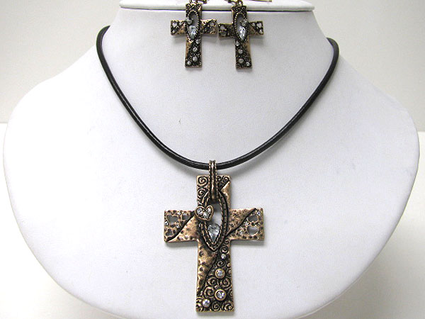 Crystal deco metal art cross cord necklace earring set