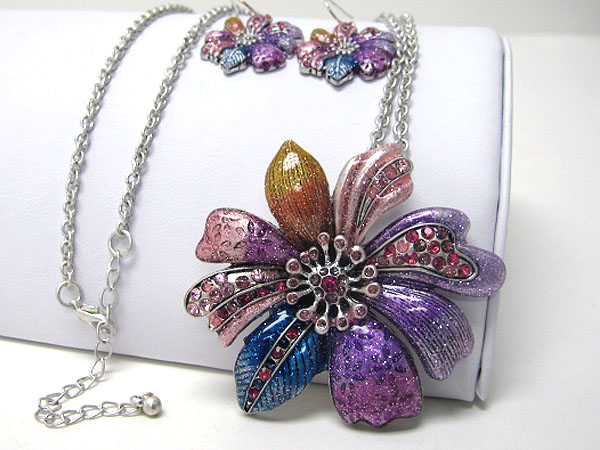 Multi color paint and crystal deco large flower long necklace earring set