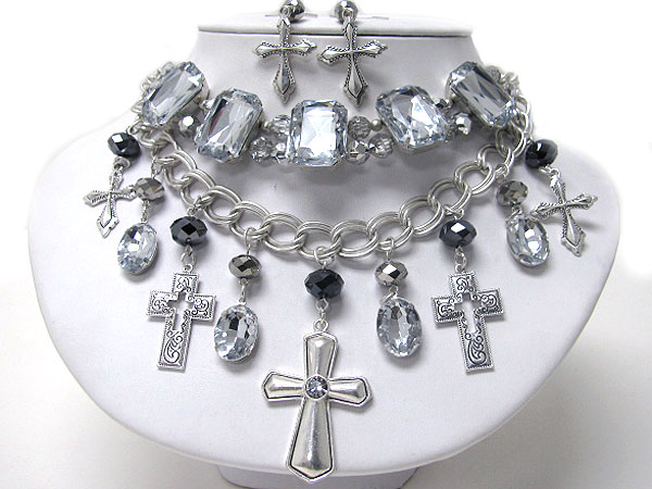 Crystal center metal cross and large acrylic stone around neck double chain necklace earring set