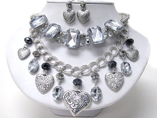 Multi metal heart and large acrylic stone around neck double chain necklace earring set