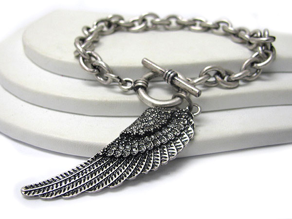 Crystal stud angel wing charm toggle bracelet