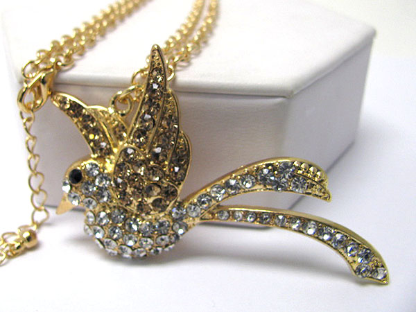 Crystal stud long tailed tropical bird long necklace