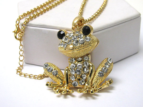 Crystal stud 3d large frog long necklace