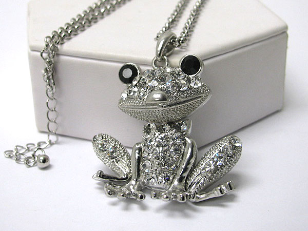 Crystal stud 3d large frog long necklace