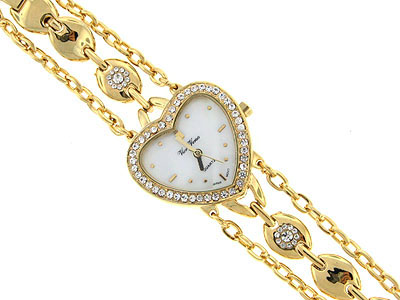 Designer style crystal heart face with mother of pearl background and 3 line chain bracelet watch