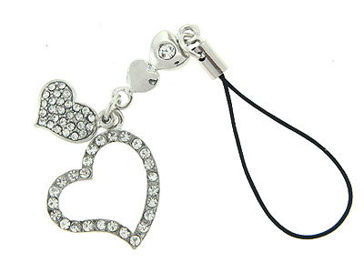 Crystal double heart cell phone strap