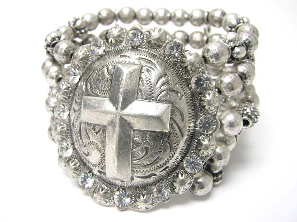 Crystal round cross accent antique metal stretch bracelet