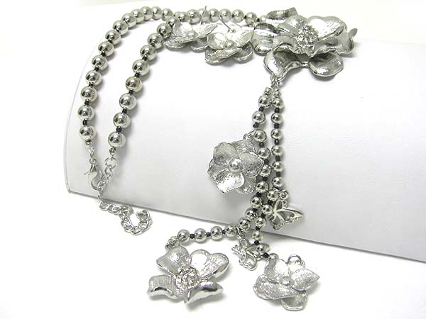 Crystal stud scratch metal flower drop metal ball long necklace earring set 