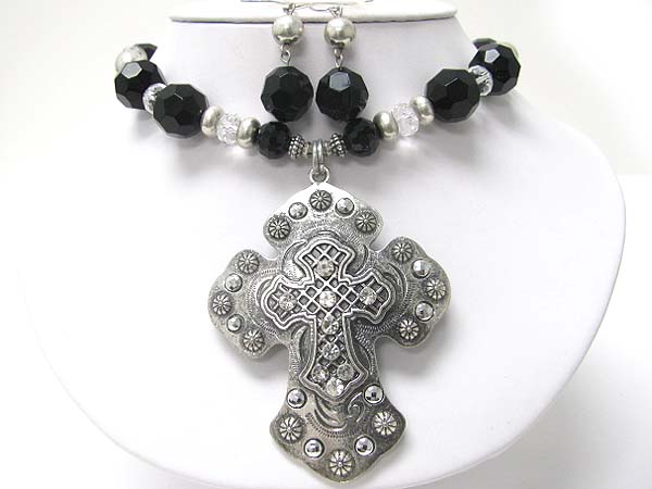 Crystal stud antique metal cross pendant neckalce earring set