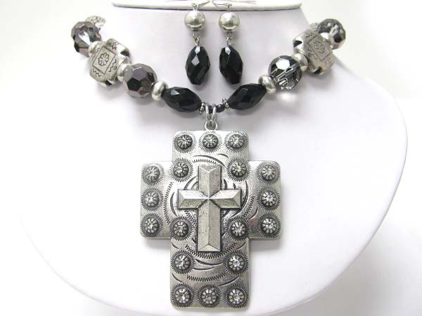 Crystal stud antique metal cross pendant neckalce earring set