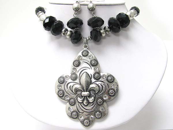 Crystal stud antique metal fleur de lis pendant neckalce earring set