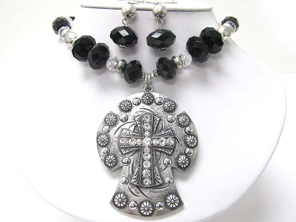 Crystal stud antique metal cross pendant neckalce earring set